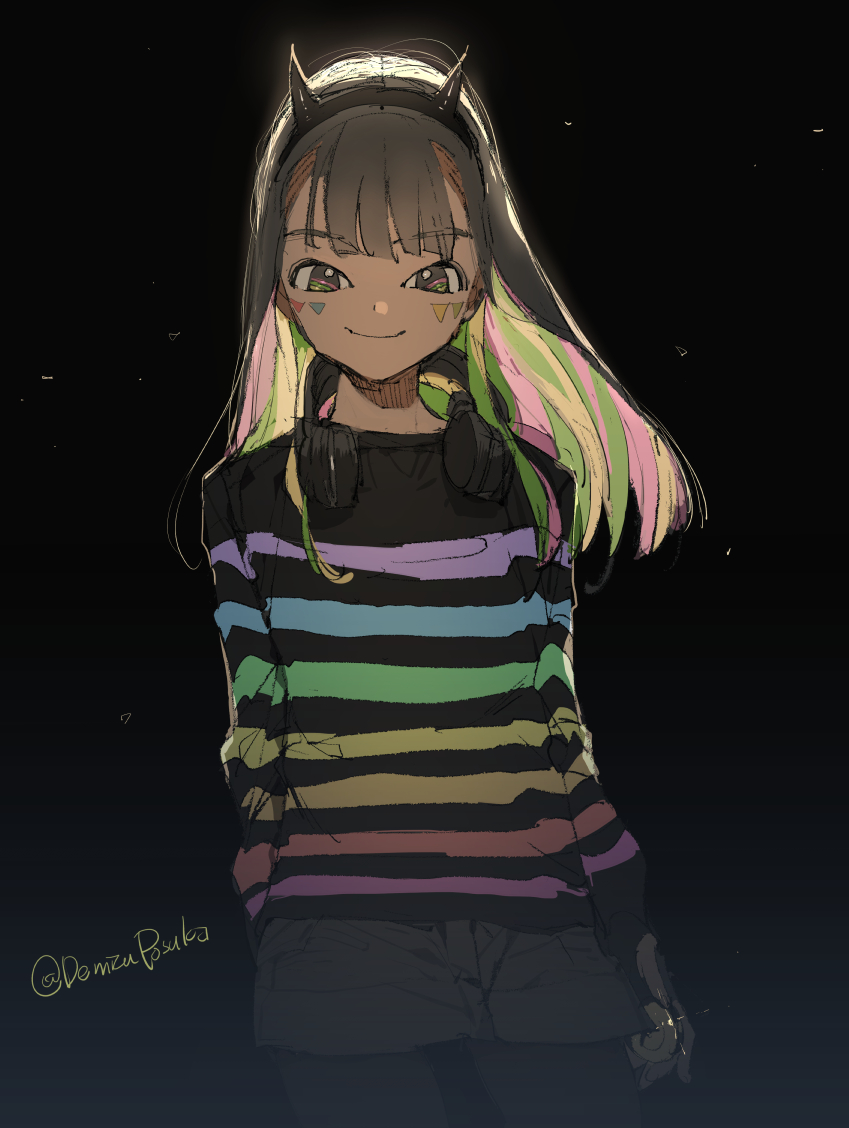 1girl, animal_ear_headphones, animal_ears, aqua_stripes, beyblade, beyblade_x, black_hair, blue_stripes, cat_ear_headphones, demizu_posuka, facial_mark, facial_tattoo, fake_animal_ears, green_stripes, grey_hairband, hairband, headphones, horn_hairband, multicolored_hair, nanairo_multi, pink_stripes, purple_stripes, red_stripes, solo, tattoo, yellow_stripes