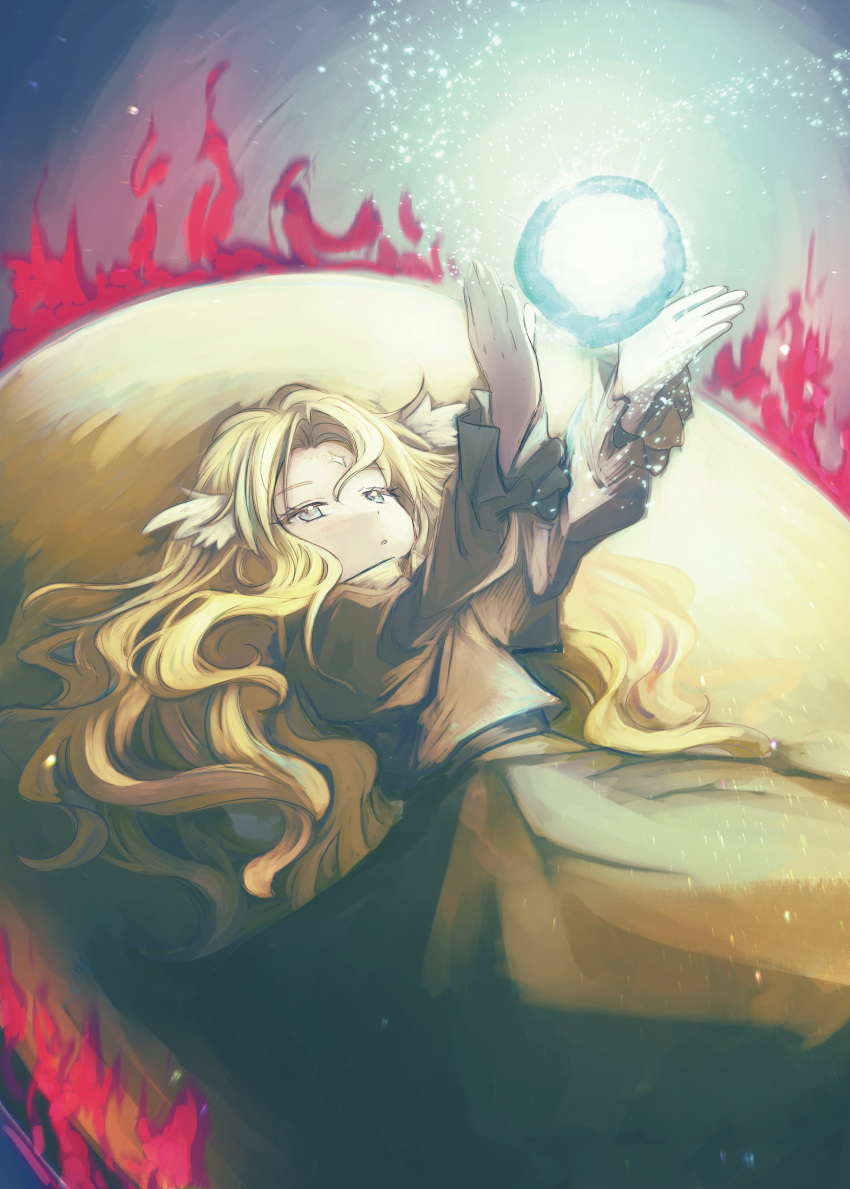 1girl, absurdres, arms_up, blonde_hair, blue_eyes, brown_dress, dress, eyelashes, facial_mark, fire, forehead_mark, hair_between_eyes, head_wings, highres, kurumi_(touhou), long_hair, long_sleeves, looking_at_object, looking_up, lying, moon, on_back, open_mouth, orb, pink_fire, puffy_long_sleeves, puffy_sleeves, solo, touhou, touhou_(pc-98), uzumibi, wavy_hair, wings