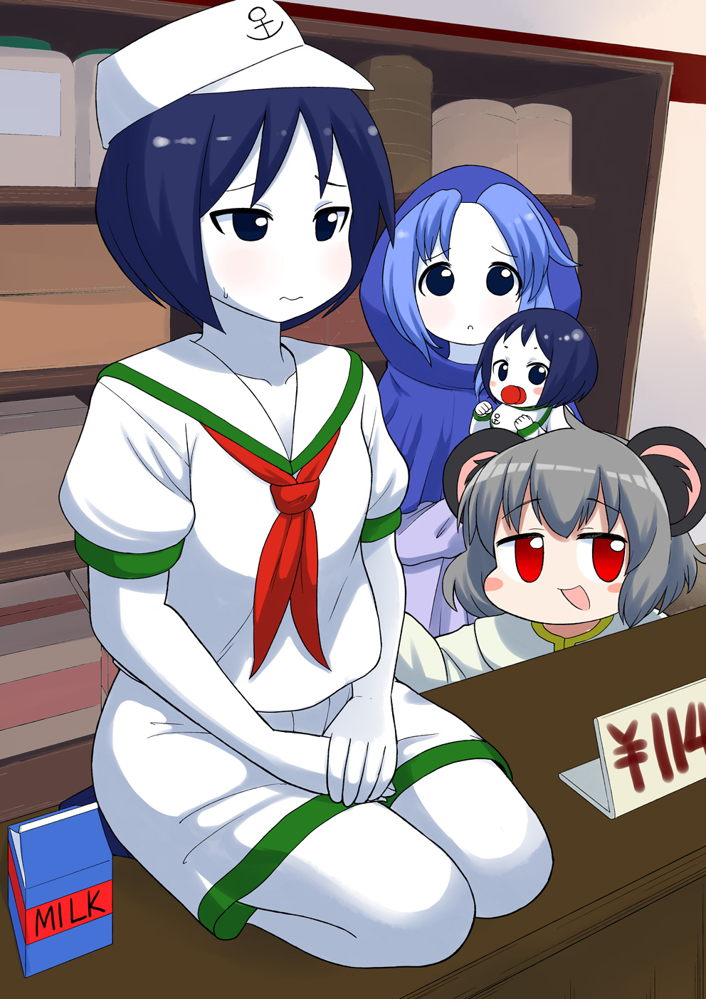 114514_(meme), 4girls, anchor_symbol, animal_ears, baby, black_eyes, black_hair, blue_hood, blush, colored_skin, commentary_request, cookie_(touhou), flour_(cookie), full_body, grey_hair, hat, highres, indoors, kumoi_ichirin, leonardo_16sei, looking_at_viewer, medium_bangs, meme, milk_(cookie), milk_carton, mouse_ears, mouse_girl, multiple_girls, murasa_minamitsu, nazrin, neckerchief, nyon_(cookie), open_mouth, pacifier, red_eyes, red_neckerchief, sailor_collar, sailor_hat, sailor_shirt, seiza, shelf, shirt, short_hair, sitting, smile, socks, textless_version, touhou, variant_set, white_hat, white_shirt, white_skin, white_socks