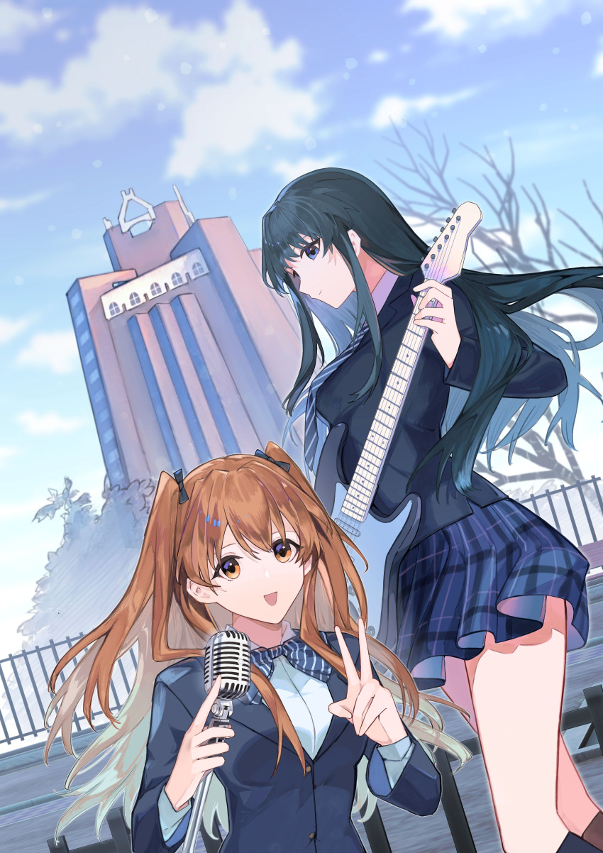 2girls, :d, absurdres, adamas650, alicenotes-qwq, black_hair, black_jacket, black_skirt