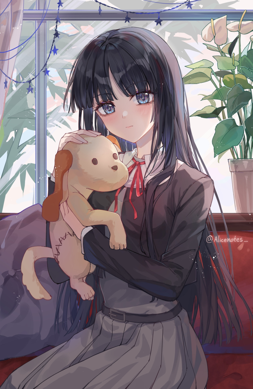 1girl, alicenotes-qwq, belt, black_hair, black_jacket, black_skirt, blue_eyes, breasts, closed_mouth, collared_shirt, cowboy_shot, hair_between_eyes, highres, hime_cut, holding, holding_stuffed_toy, indoors, jacket, long_hair, long_sleeves, looking_at_viewer, medium_breasts, neck_ribbon, plant, potted_plant, red_ribbon, ribbon, shirt, sitting, skirt, stuffed_animal, stuffed_dog, stuffed_toy, touma_kazusa, white_album_(series), white_album_2