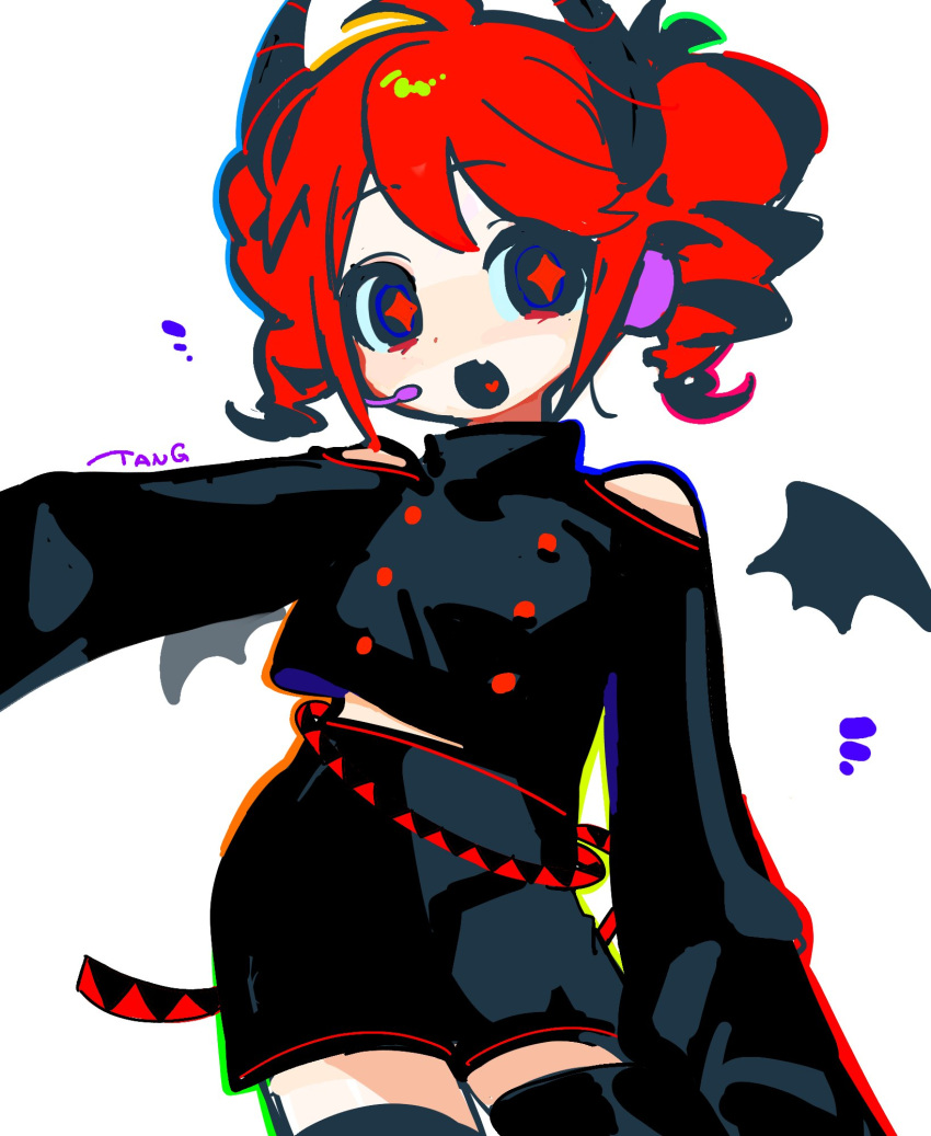 1girl, adapted_costume, bat_wings, black_shirt, black_shorts, black_thighhighs, buttons, clothing_cutout