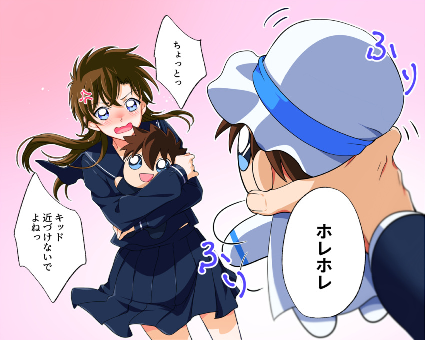 1boy, 1girl, anger_vein, blue_eyes, blush, brown_hair, commentary_request, floating_clothes