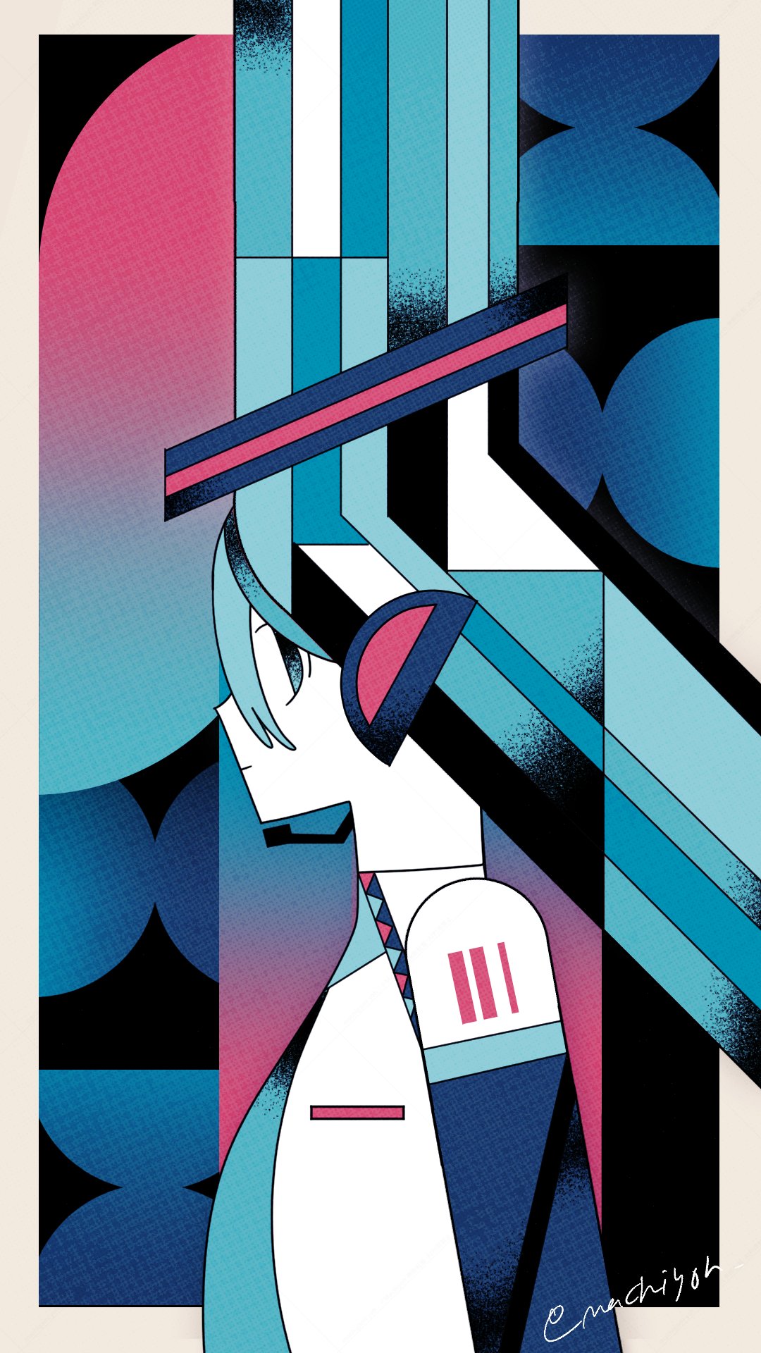 1girl, abstract, aqua_eyes, aqua_hair, aqua_necktie, black_sleeves, border, closed_mouth, collared_shirt, commentary_request, detached_sleeves, from_side, greek_commentary, hair_between_eyes, halftone, hatsune_miku, headphones, headset, highres, looking_ahead, machigami_yoh, microphone, necktie, outside_border, profile, shirt, shoulder_tattoo, signature, sleeveless, sleeveless_shirt, solo, tattoo, vocaloid, white_border, white_shirt