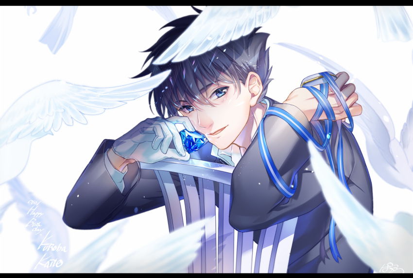 1boy, bird, black_hair, blue_eyes, blue_gemstone, blue_ribbon, box, chair