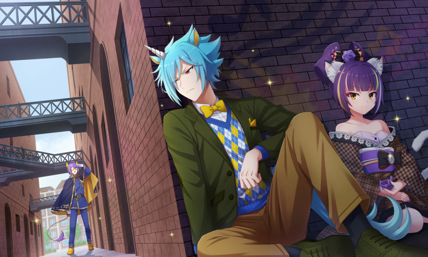 1girl, 2boys, alley, animal_ear_fluff, animal_ears, artist_request, bare_shoulders, blue_hair