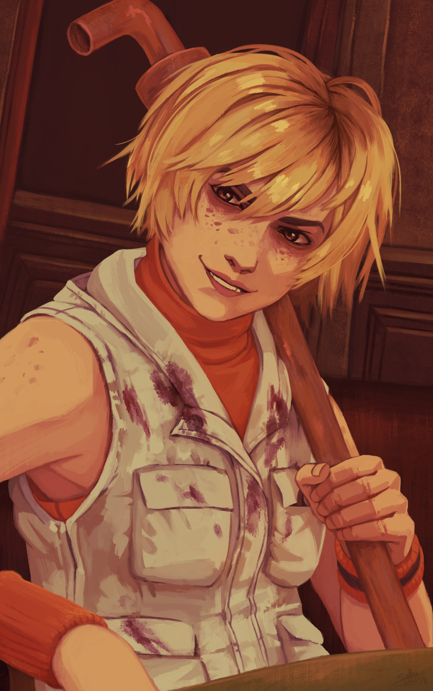 1girl, absurdres, blonde_hair, blood, blood_on_clothes, freckles, grin, heather_mason