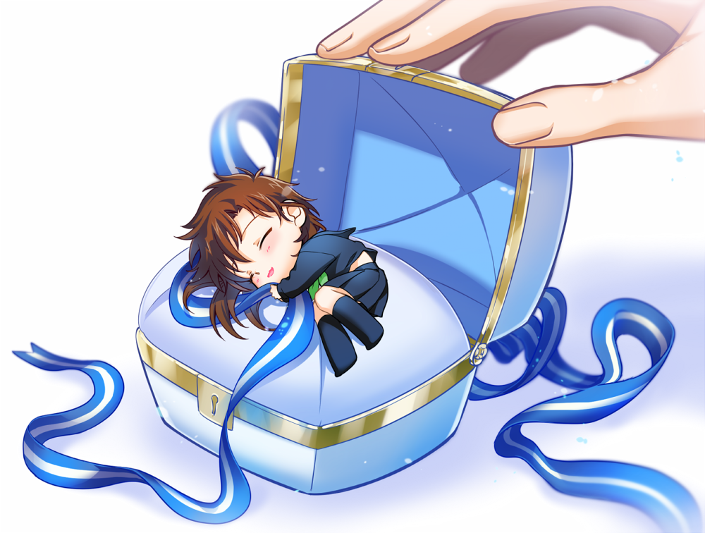 1boy, 1girl, blue_ribbon, blush, brown_hair, chibi, closed_eyes, commentary_request