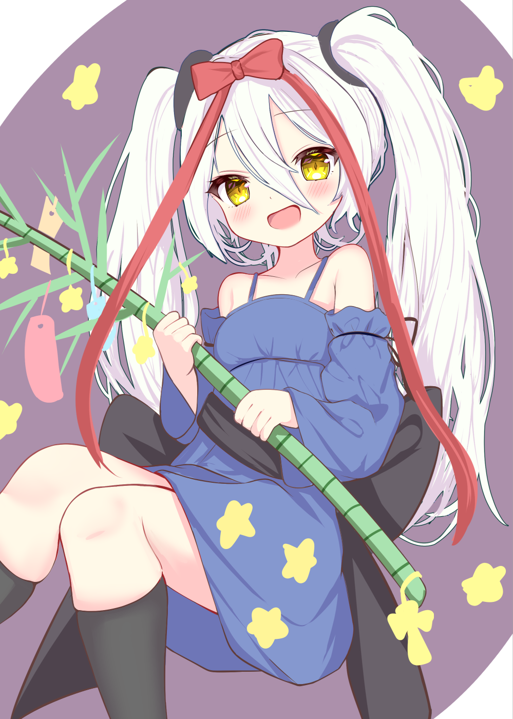 1girl, bamboo, black_socks, blue_dress, blush, bow, collarbone, dress