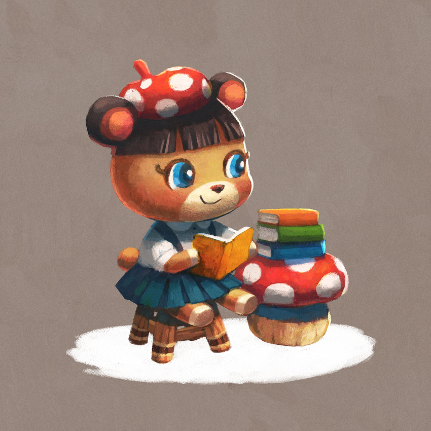 1girl, animal_crossing, bear_girl, beret, black_hair, blue_eyes, blue_skirt, blunt_bangs, blush, book, book_stack, buttons, closed_mouth, collared_shirt, commentary_request, english_commentary, furry, furry_female, grey_background, hat, highres, holding, holding_book, june_(animal_crossing), mixed-language_commentary, mushroom_hat, omochi_freedom, on_stool, open_book, pleated_skirt, puffy_short_sleeves, puffy_sleeves, red_hat, shirt, short_hair, short_sleeves, simple_background, sitting, skirt, smile, solo, stool, suspender_skirt, suspenders, table, white_shirt, wooden_stool