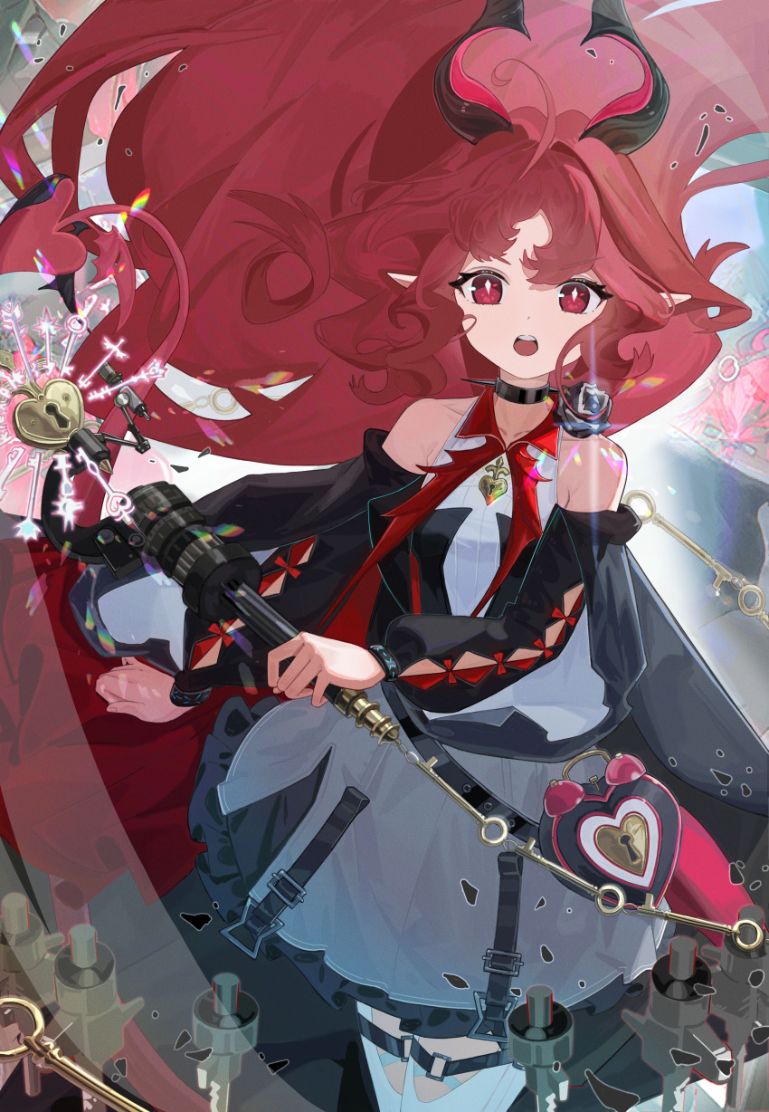 1girl, absurdres, arknights, bare_shoulders, black_collar, boller_jiang, bright_pupils, clothing_cutout, collar, collarbone, commentary, cowboy_shot, grey_skirt, highres, holding, infection_monitor_(arknights), key, keyhole, leg_cutout, lens_flare, long_hair, long_sleeves, looking_at_viewer, magic, nymph_(arknights), open_mouth, pantyhose, pink_eyes, pink_hair, pointy_ears, shirt, skirt, solo, standing, teeth, thigh_cutout, upper_teeth_only, white_pantyhose, white_pupils, white_shirt