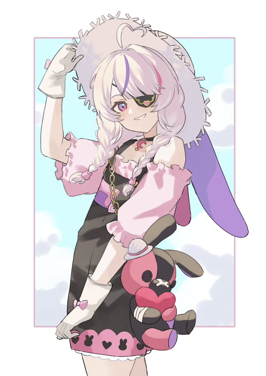 1girl, adjusting_clothes, adjusting_headwear, ahoge, arm_up, black_choker, blue_sky, border