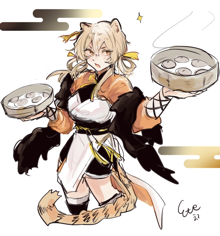 1girl, animal_ears, arknights, black_dress, black_shawl, blonde_hair, brown_eyes, brown_tail
