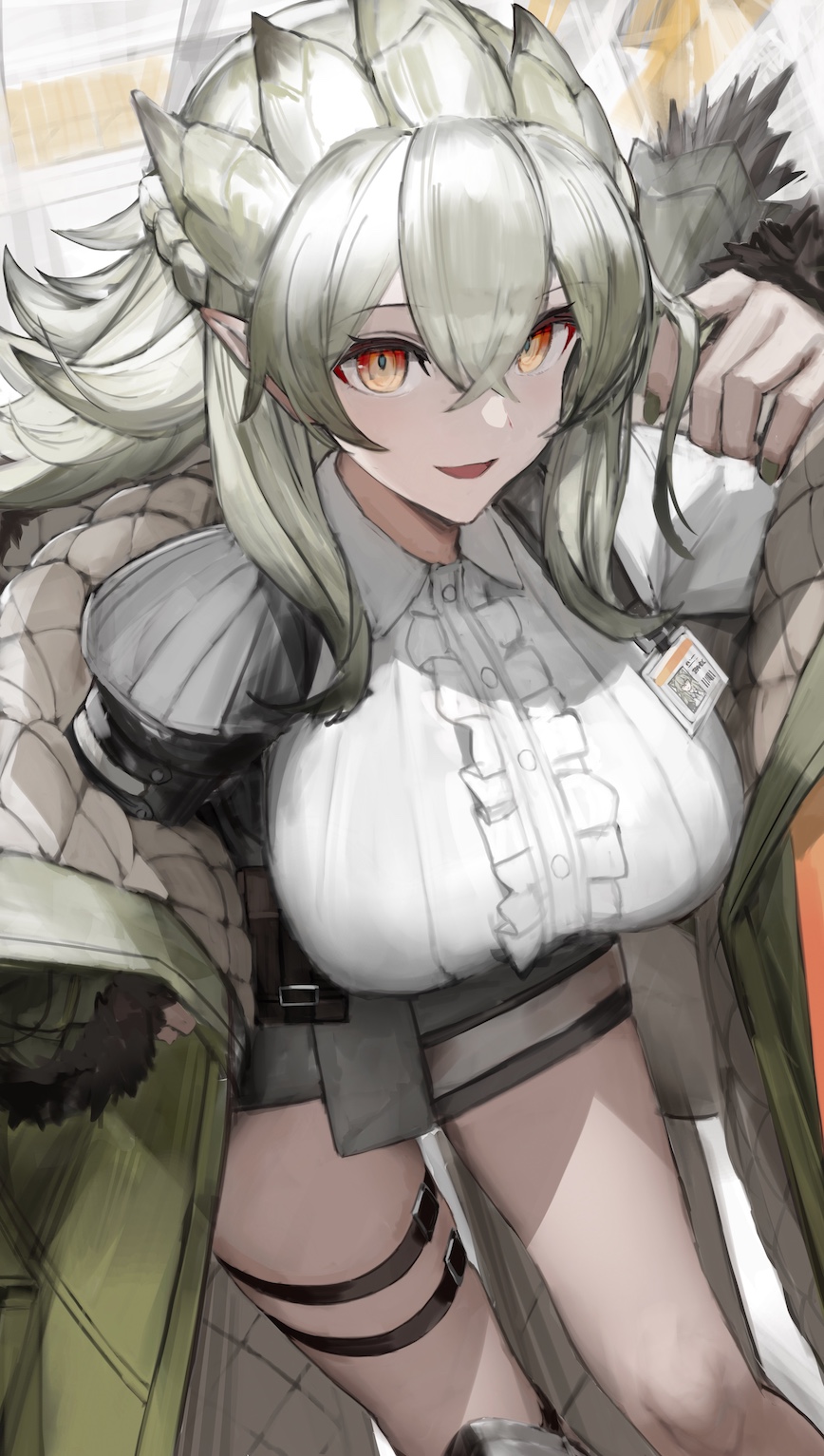 1girl, arigiep, arknights, arm_up, black_jacket, breasts, coat, collared_shirt