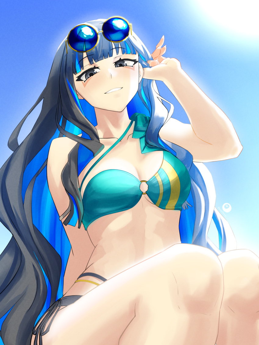 1girl, absurdres, black_hair, blue_hair, dantonphanton, fate/grand_order, fate_(series), grey_eyes, highres, long_hair, looking_at_viewer, multicolored_hair, round_eyewear, swimsuit, tenochtitlan_(fate), type-moon