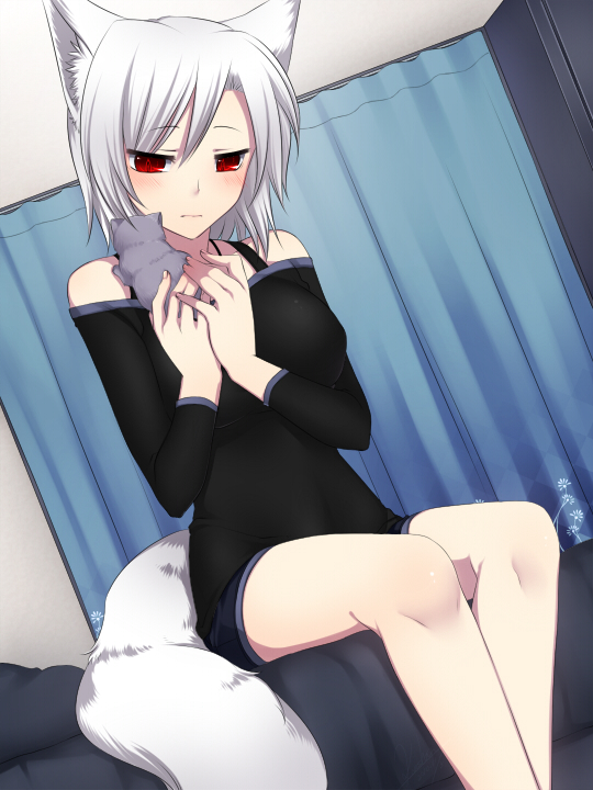 animal_ears, bare_shoulders, blush, cat, fox_ears, fox_tail, kituneno-lullaby, konshin