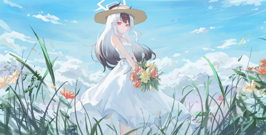 1girl, absurdres, bare_shoulders, black_hair, black_horns, blue_archive, blue_sky, bouquet, breasts, bright_pupils, chinese_commentary, choker, clouds, commentary_request, demon_horns, dress, ear_piercing, earclip, floating_hair, flower, gradient_hair, grass, grey_hair, greyscale, hair_between_eyes, hair_ribbon, hat, highres, holding, holding_bouquet, horns, horns_through_headwear, kayoko_(blue_archive), long_dress, long_hair, monochrome, multicolored_hair, nppc, outdoors, piercing, red_eyes, ribbon, rope_around_waist, scenery, sidelocks, sky, small_breasts, smile, solo, spaghetti_strap, straw_hat, sun_hat, sundress, white_choker, white_dress, white_pupils, white_ribbon