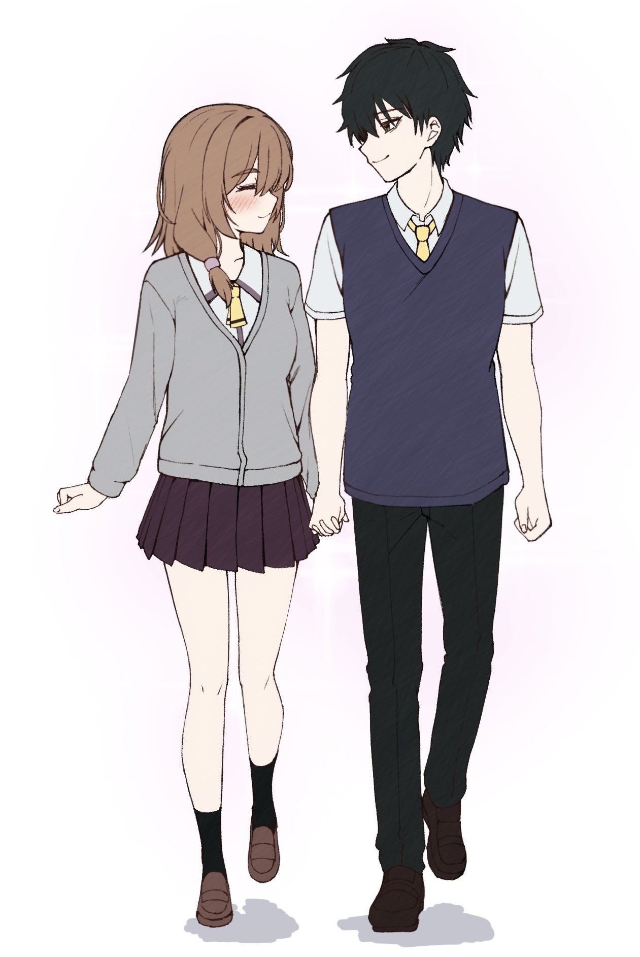 1boy, 1girl, ^_^, arms_at_sides, black_hair, black_pants, black_socks, blue_sweater_vest