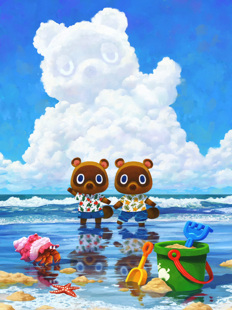 2boys, animal_crossing, arm_up, blue_eyes, blue_pants, blue_shorts, blue_sky, bucket