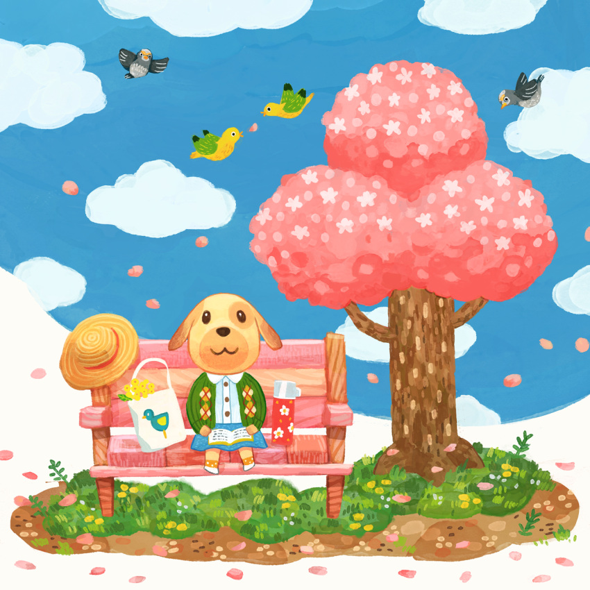 1girl, :3, animal_crossing, bag, bench, bird, blue_skirt, blue_sky