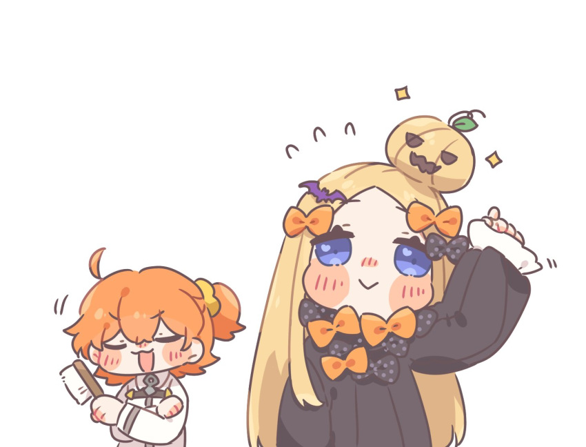 2girls, abigail_williams_(fate), anko_omotimoti, bat_hair_ornament, black_dress, blush, bow, chibi