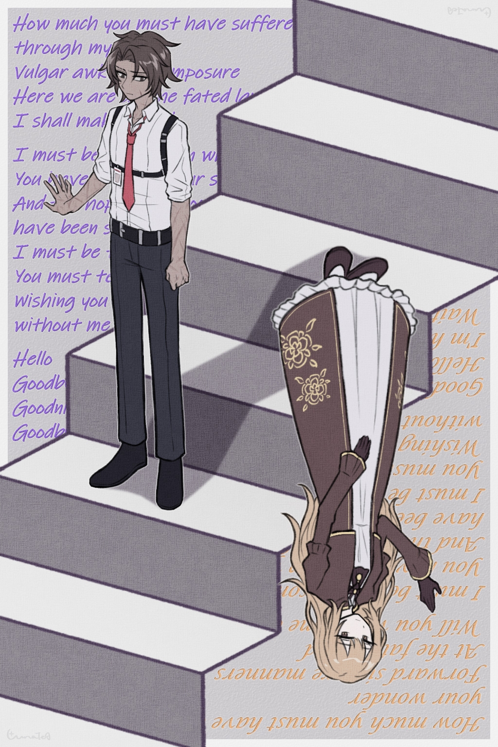 1boy, 1girl, black_footwear, black_pants, brown_dress, brown_eyes, brown_gloves, brown_hair, catherine_(project_moon), chest_harness, closed_mouth, collared_shirt, cropped_jacket, dark-skinned_male, dark_skin, dress, full_body, gloves, harness, heathcliff_(project_moon), highres, inoriyuki, limbus_company, long_hair, long_sleeves, mili_(band), necktie, optical_illusion, pants, project_moon, red_necktie, shirt, shoes, smile, stairs, upside-down, violet_eyes, white_shirt