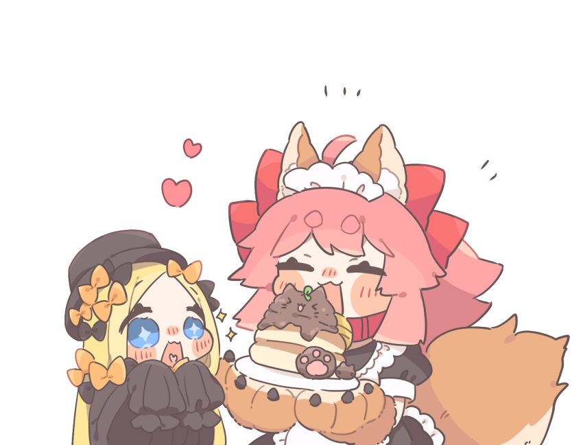 2girls, abigail_williams_(fate), animal_ears, anko_omotimoti, black_dress, blue_eyes, blush, chocolate