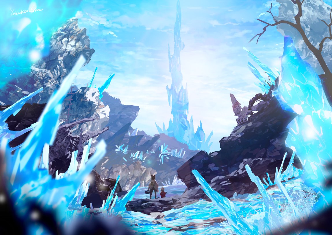 2others, bare_tree, clouds, cloudy_sky, final_fantasy, final_fantasy_xiv, hill, ice, midgardsormr_(final_fantasy), multiple_others, rock, scenery, shadow, sky, sunlight, tower, tree, warrior_of_light_(ff14), yabuka_shiwa
