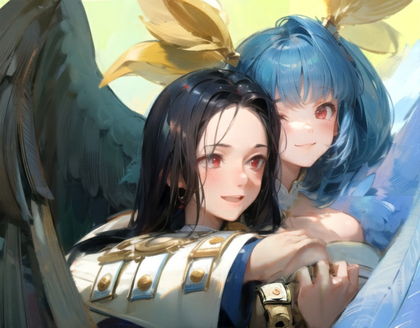 1girl, 1other, angel_wings, asymmetrical_wings, blue_hair, couple, couple_in_love, dizzy_(guilty_gear)