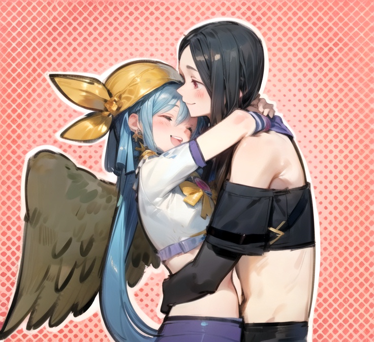 1girl, 1other, black_hair, couple, couple_in_love, dizzy_(guilty_gear), forehead_kiss, guilty_gear_x