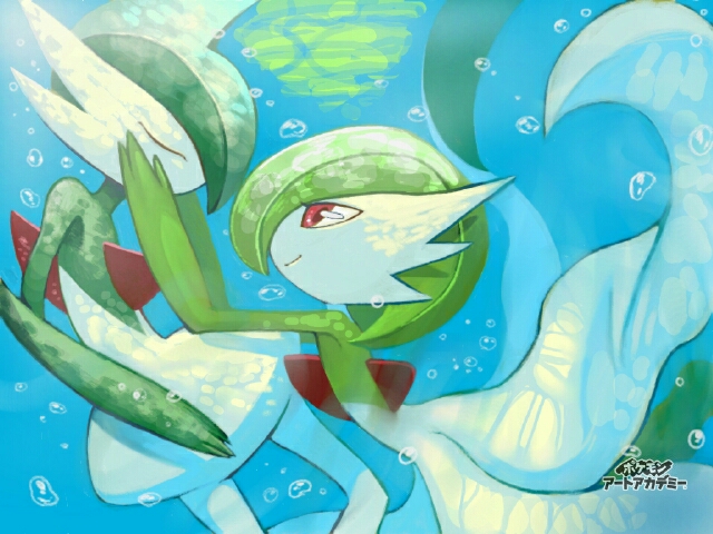 bob_cut, bubble, closed_eyes, colored_skin, dress, gallade, gardevoir, green_hair