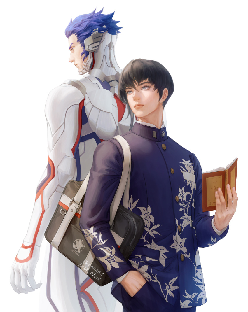 2boys, absurdres, aogami_(megami_tensei), back-to-back, bag, black_bag, black_eyes, black_hair