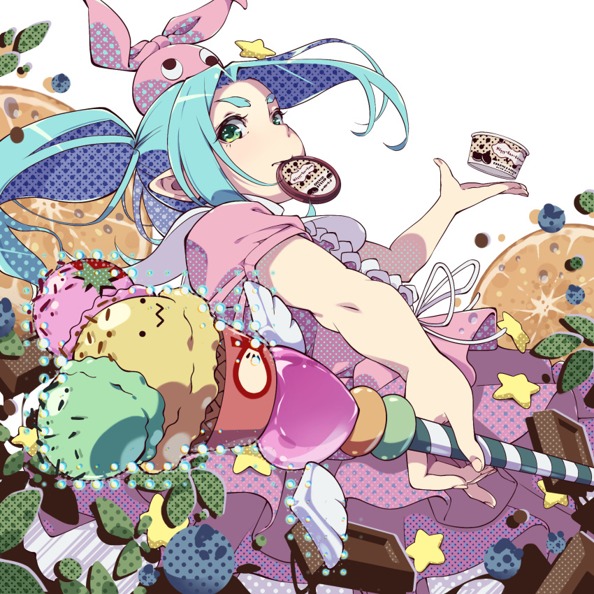 alternate_color, aqua_hair, chocolate, cowboy_shot, dress, floating_hair, food, from_side