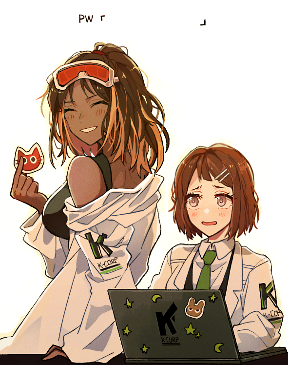 2girls, black_sports_bra, blush, brown_eyes, brown_hair, closed_eyes, coat, collared_shirt