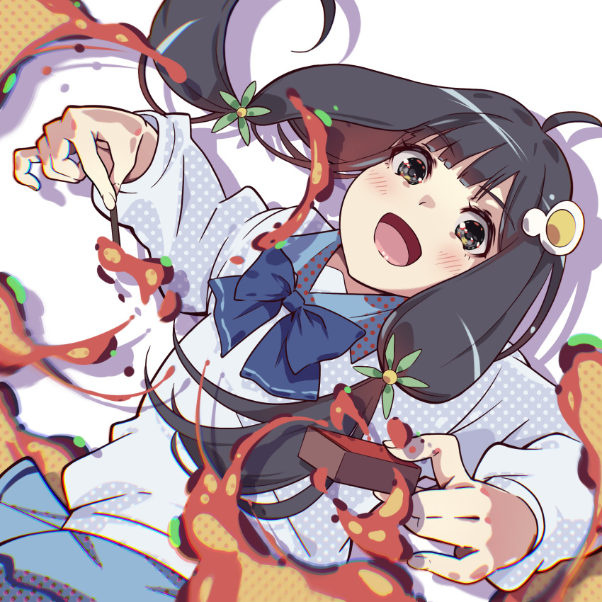 1girl, ahoge, araragi_tsukihi, arson, black_hair, blue_bow, blue_bowtie, blue_sailor_collar, blue_skirt, blunt_bangs, bow, bowtie, box, brown_eyes, collared_shirt, cowboy_shot, drop_shadow, dutch_angle, egg_hair_ornament, fire, flower, food-themed_hair_ornament, fried_egg, green_flower, hair_flower, hair_ornament, hatanana_(ag6uptphhal3frd), highres, holding, holding_box, holding_matchstick, long_hair, long_sleeves, low_twintails, monogatari_(series), orokamonogatari, sailor_collar, scene_reference, school_uniform, serafuku, shirt, simple_background, skirt, solo, twintails, white_background, white_shirt
