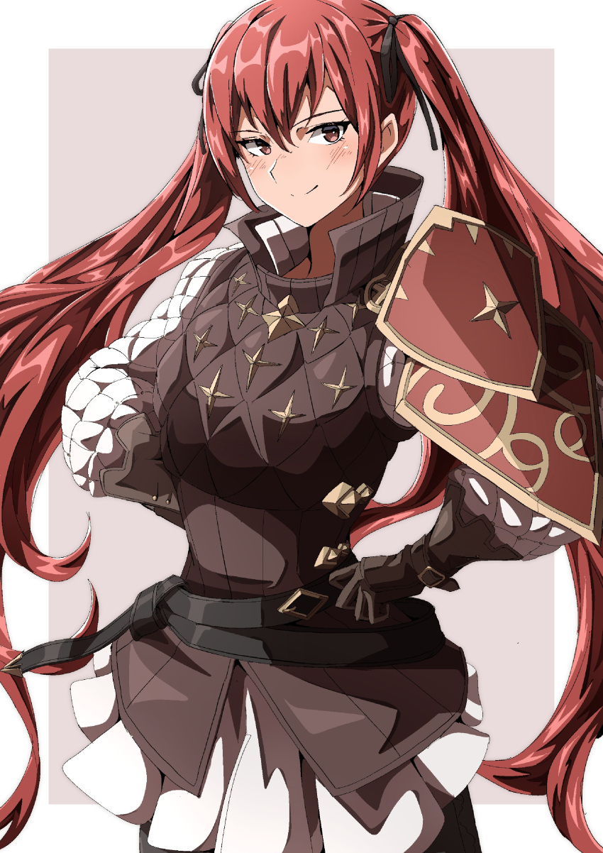 1girl, absurdres, armor, belt, black_belt, black_ribbon, blush, border