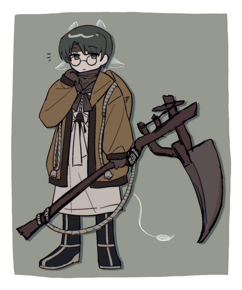 1boy, black_footwear, boots, brown_coat, brown_gloves, brown_scarf, closed_mouth, coat