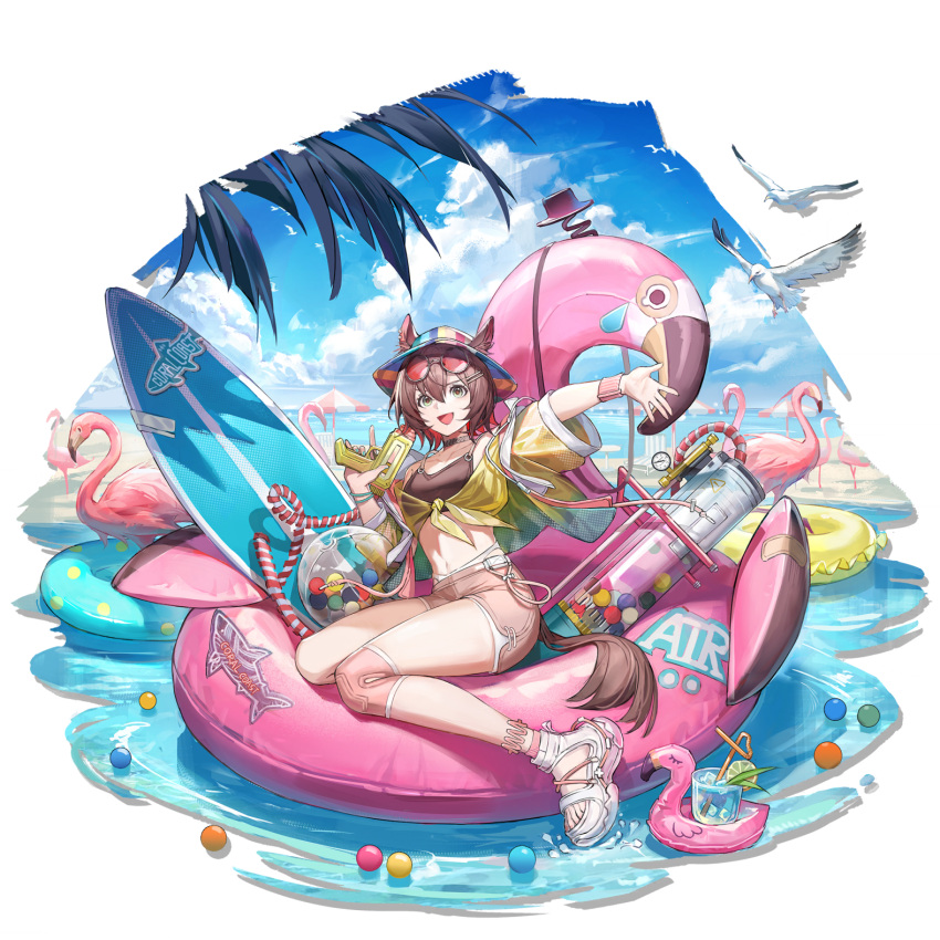 1girl, :d, animal_ears, anklet, aqua_nails, arknights, artist_request, ball