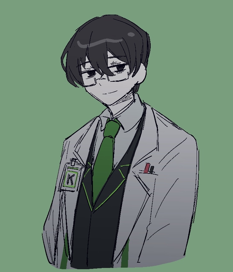 1boy, black_eyes, black_hair, black_jacket, closed_mouth, glasses, green_background, green_necktie