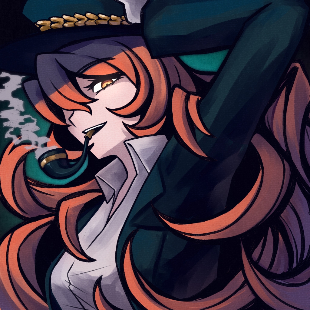 1girl, arm_up, collared_shirt, green_hat, green_jacket, hat, inoriyuki, ishmael_(project_moon), jacket, limbus_company, long_hair, long_sleeves, looking_at_viewer, open_mouth, orange_hair, pequod_(identity)_(project_moon), project_moon, shirt, sidelocks, smile, smoking_pipe, solo, very_long_hair, white_shirt