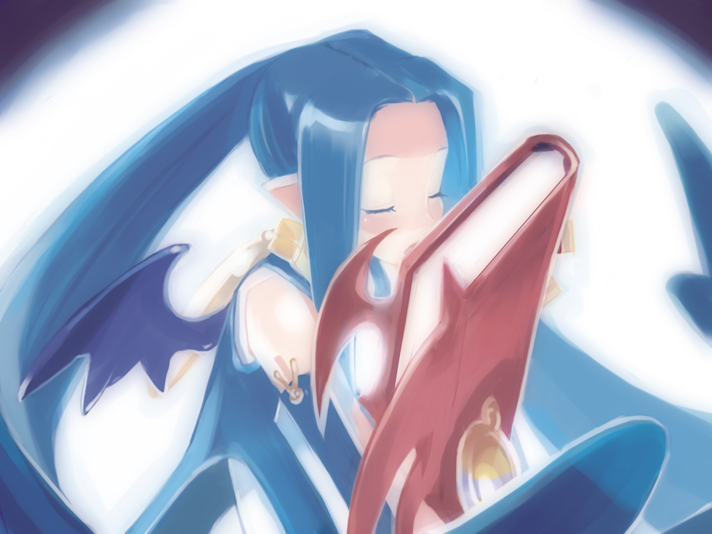 blue_hair, book, closed_eyes, harada_takehito, long_hair, nippon_ichi, official_art, open_mouth