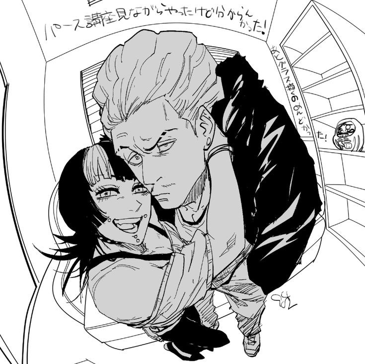 1boy, 1other, 9402_13w, :d, bad_source, bookshelf, couple, daruma_doll