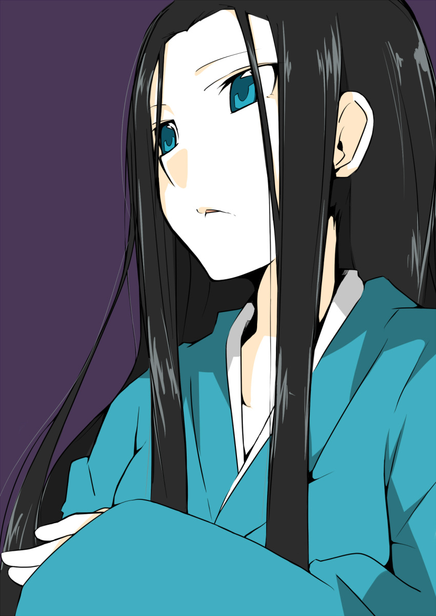 1girl, anrakutei_kukuru, bebebe_(pepegakii), black_hair, blue_eyes, blue_kimono, highres, japanese_clothes
