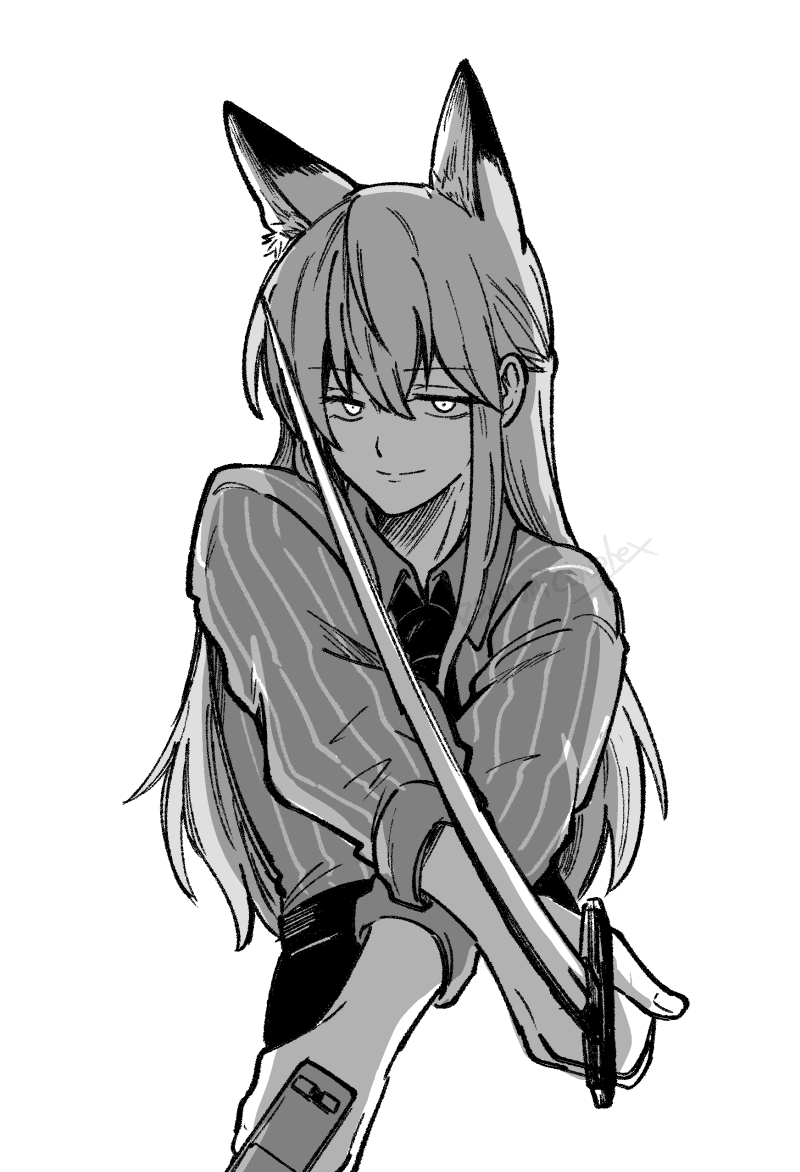 1girl, animal_ear_fluff, animal_ears, arknights, closed_mouth, collared_shirt, commentary_request, cropped_legs, fox_ears, fox_girl, franka_(arknights), greyscale, gun, hair_between_eyes, handgun, haruichi_(sazanami_complex), hatching_(texture), holding, holding_gun, holding_sword, holding_weapon, linear_hatching, long_hair, looking_at_viewer, monochrome, necktie, shirt, simple_background, sleeves_rolled_up, smile, solo, split_mouth, striped_clothes, striped_shirt, sword, vertical-striped_clothes, vertical-striped_shirt, watermark, weapon, white_background