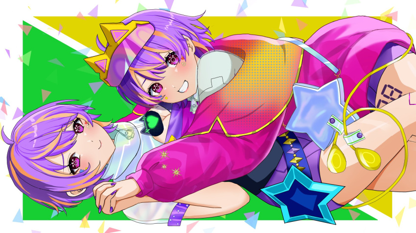 2girls, ahoge, aurix_"rixxy"_brightful, bag, blonde_hair, blush, cardiogram, closed_mouth