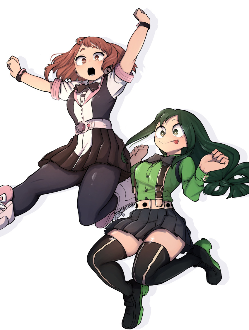 2girls, absurdres, arms_up, asui_tsuyu, black_bow, black_footwear, black_pantyhose, black_skirt, boku_no_hero_academia, boots, bow, brown_eyes, brown_hair, commentary, english_commentary, frog_girl, green_eyes, green_hair, highres, long_hair, low-tied_long_hair, multiple_girls, open_mouth, pantyhose, simple_background, skirt, suspenders, thigh_boots, tongue, tongue_out, uraraka_ochako, ureazure, white_background, white_footwear
