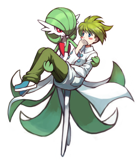 1boy, blue_eyes, blush, bob_cut, carrying, colored_skin, covering_own_mouth, dress, gardevoir, green_hair, green_pants, green_skin, hand_over_own_mouth, multicolored_skin, pants, pink_eyes, pokemio, pokemon, pokemon_(creature), pokemon_rse, princess_carry, shirt, simple_background, smile, two-tone_skin, wally_(pokemon), white_background, white_dress, white_shirt, white_skin