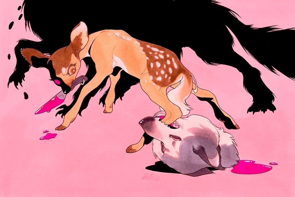 animal, animal_focus, biting, biting_another's_leg, blank_eyes, blood, blood_on_knife, brown_eyes