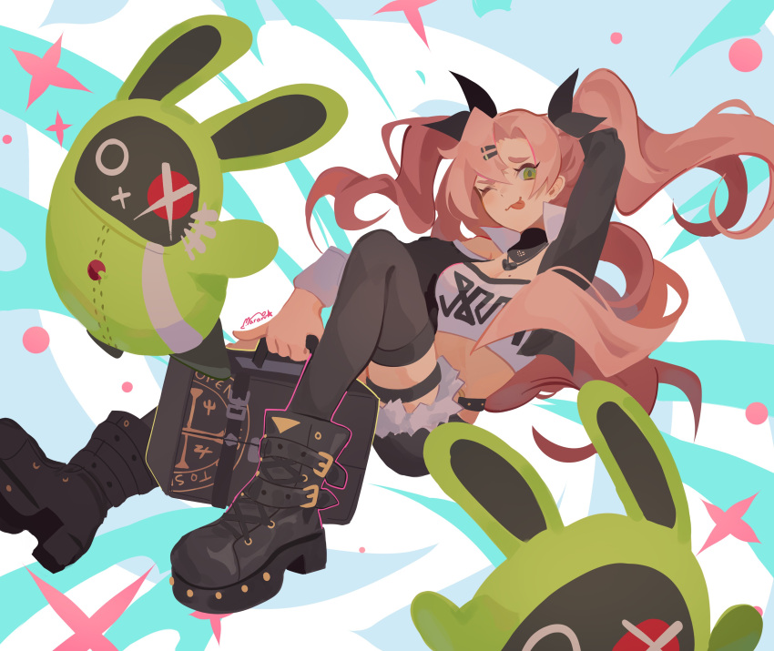 1girl, absurdres, animal_ears, arm_behind_head, arm_up, artist_name, bangboo_(zenless_zone_zero), black_footwear, black_jacket, black_ribbon, black_shorts, black_thighhighs, blue_background, boots, breasts, closed_mouth, creature, crop_top, english_commentary, full_body, fur-trimmed_shorts, fur_trim, green_eyes, hair_between_eyes, hair_ornament, hair_ribbon, hairclip, heart, heart_necklace, highres, holding, holding_suitcase, jacket, jewelry, long_hair, long_sleeves, looking_at_viewer, mararu, medium_breasts, mole, mole_on_breast, necklace, nicole_demara, one_eye_closed, open_clothes, open_jacket, pink_hair, rabbit_ears, ribbon, shorts, sidelocks, single_bare_shoulder, sitting, smile, solo, sparkle, suitcase, thigh-highs, tongue, tongue_out, twintails, white_background, zenless_zone_zero