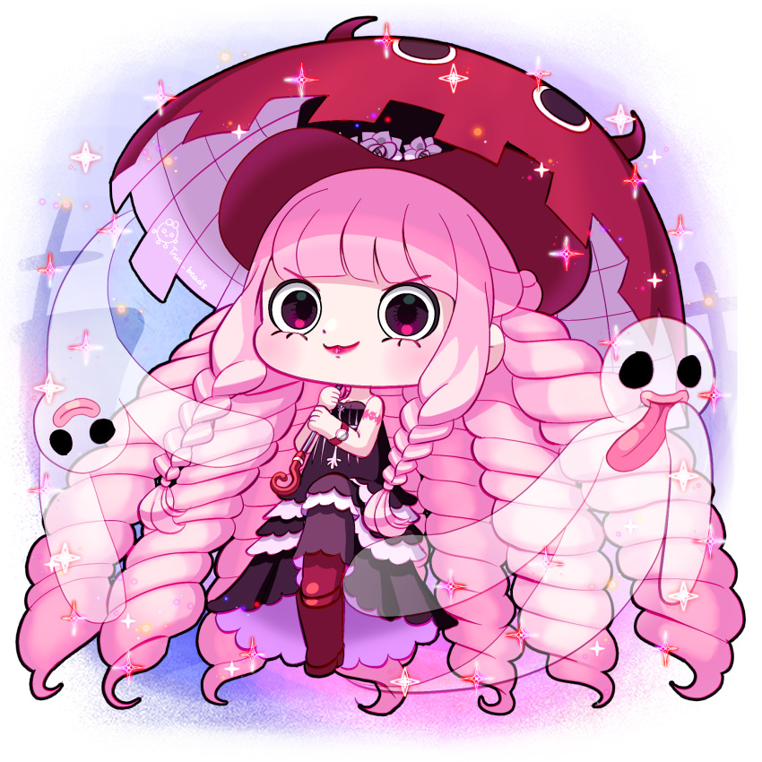 1girl, black_dress, black_hat, chibi, dress, ghost, hat, highres